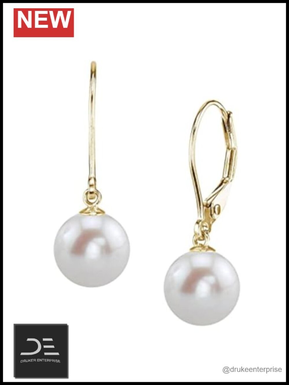 Real Freshwater Pearl Earrings 14K Yellow Gold Leverback 7-7.5mm